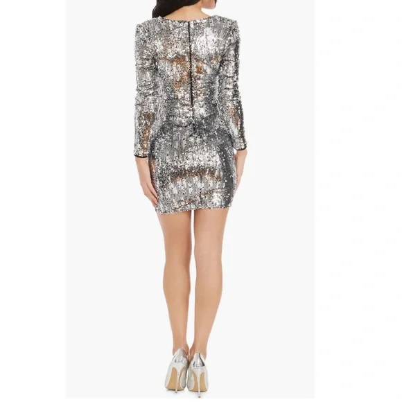Dress The Population Silver Dayton Sequin Long Sleeve Minidress - Reemoly